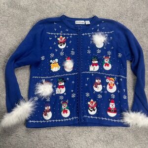 B. P. Design Christmas Holiday Sweater Blue Snowmen Feathers Full Zip Size LARGE